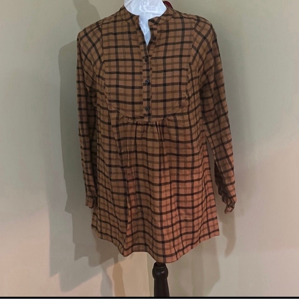 Isabel Maternity brown plaid long sleeve top size XS